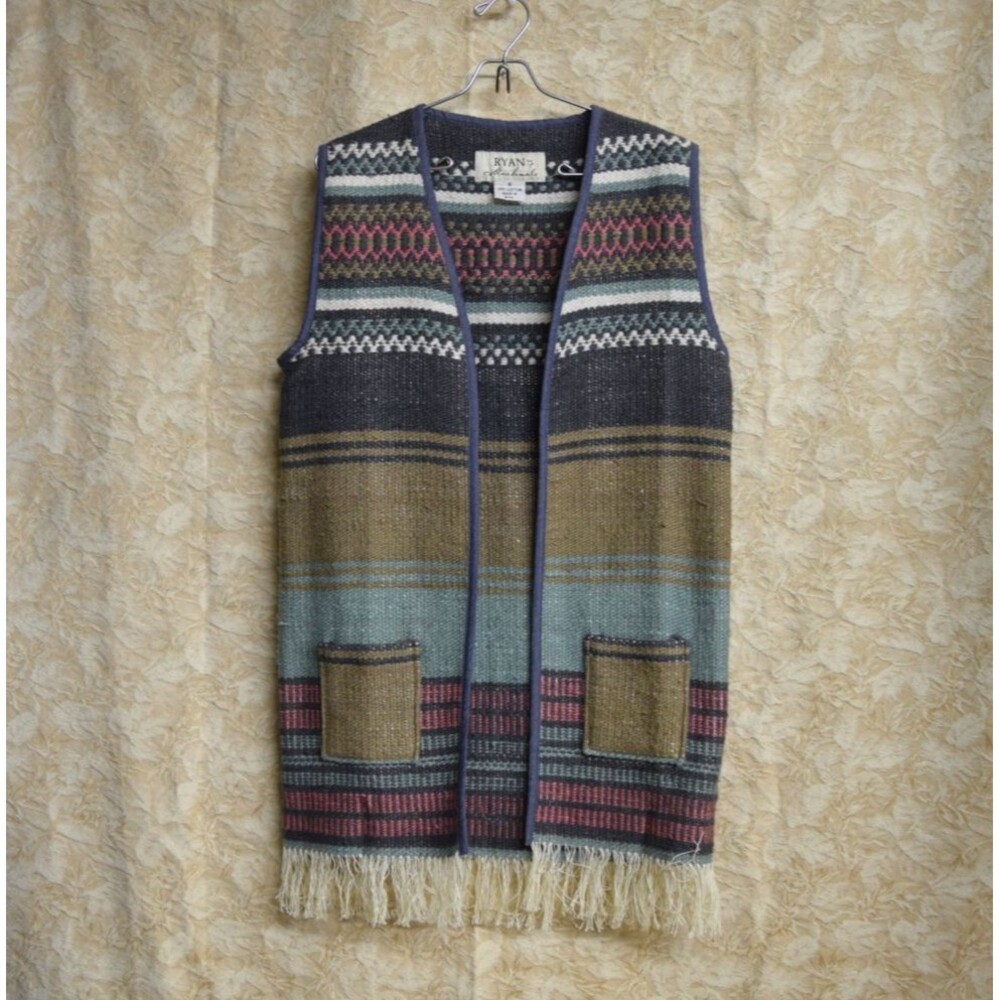 Ryan Michaels Womens Sz Small Cotton Mexican Blanket Vest Fringe Granola Indie